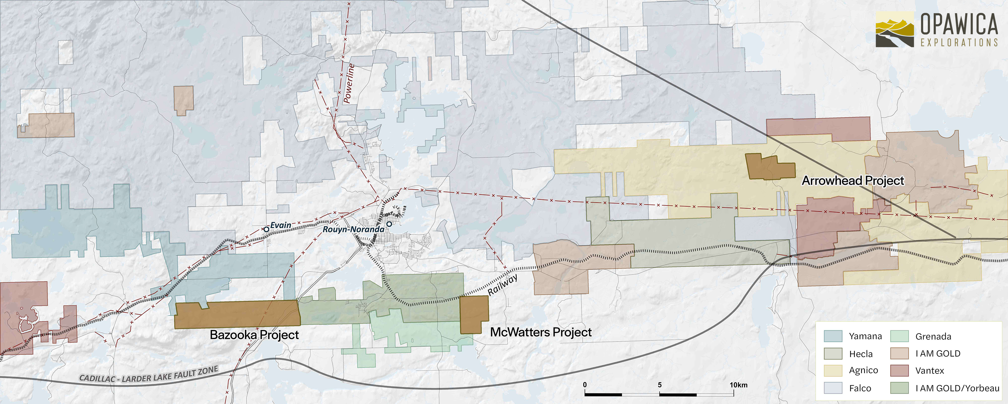 Opawica's Bazooka, McWatters and Arrowhead properties. Ground labelled Yamana on this map was acquired by Agnico Eagle on March 31, 2023. Source: Opawica Explorations; Agnico Eagle.