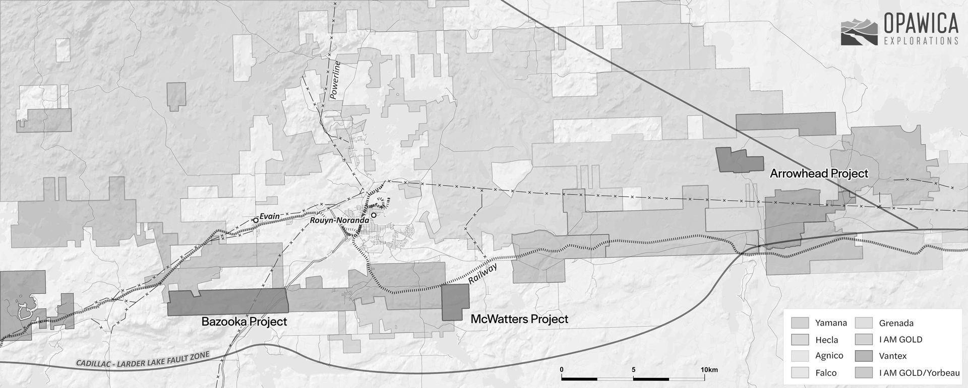 Regional claims map of Opawica's properties in the Abitibi Gold Belt